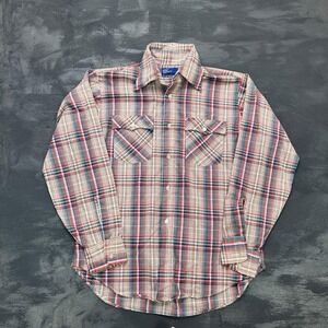 Vintage JC Penny Plaid Button Up Shirt Mens Large 1970s Plain Pockets‎ USA